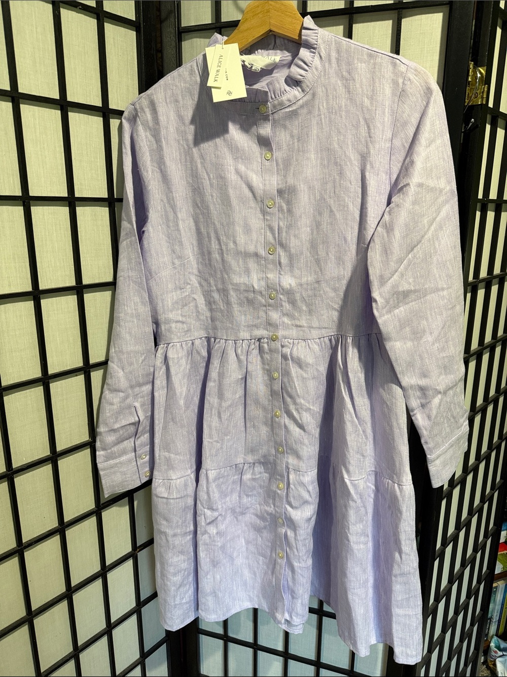 Alice Walk Nantucket NEW Lilac Button-Front Long-Sleeve LINEN Dress Ruff Collar